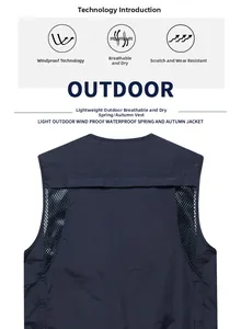 Close-up of breathable mesh back on navy blue outdoor vest for fishing and hiking
