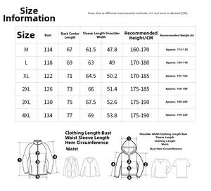Size chart detail for men's winter jacket showing M to 4XL measurements and guide