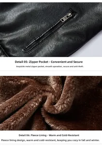 Detail of leather jacket featuring metallic zipper pocket and thick thermal fleece lining