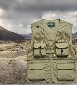 Close-up of military green outdoor fishing vest featuring breathable mesh and multi-pocket detail