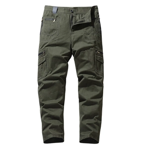 Men's loose straight-leg cargo pants in army green with multi-pocket design and zip details