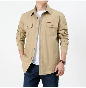 Men's khaki fleece-lined long sleeve work shirt with outdoor red label detail
