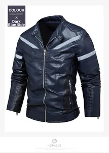Detail of dark blue faux leather jacket with stand collar and embossed chest texture