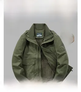 Close-up of military green flight jacket with thick gray fleece lining and ribbed collar