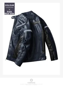 Detail view of navy blue PU biker jacket featuring side reflective stripes and textured sleeves