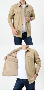 Detail of khaki fleece-lined casual shirt for men showing warm interior and chest pockets