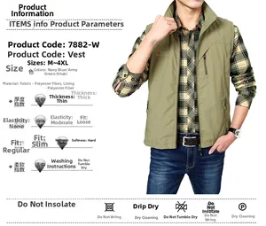 Detail view of military green fishing vest with multiple pockets and zipper closure