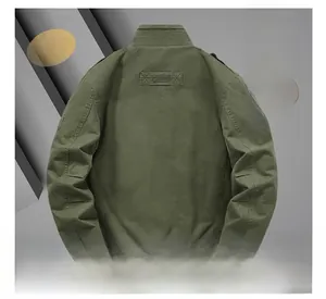 Detail of military green bomber jacket featuring warm fleece lining and back patch decor