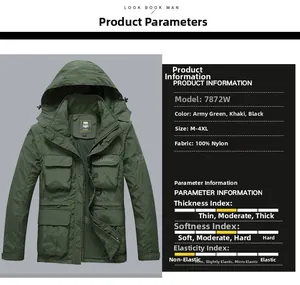 Detailed size chart and material specs for army green multi-pocket waterproof jacket
