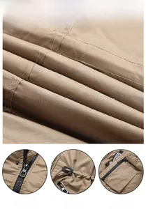 Vue détaillée de la veste de travail kaki montrant le tissu et les poches cargo