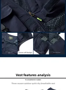Detail view of navy tactical vest with mesh panels, waterproof fabric and multiple pockets