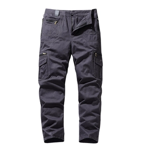 Loose fit multi-pocket cotton cargo pants for men in dark grey with functional side pockets