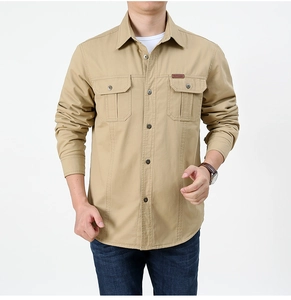 Detail view of khaki fleece-lined work shirt with double chest pockets and metal buttons