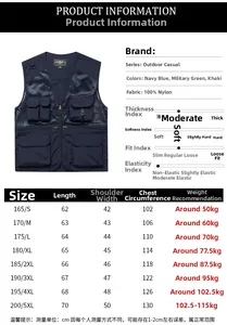 Size chart for outdoor multi-pocket fishing vest showing measurements from S to 5XL