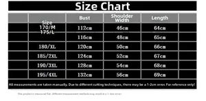 Detailed size chart for men's waterproof jacket showing bust and shoulder measurements