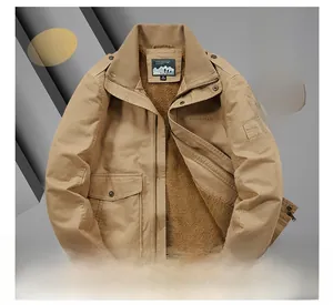 Men's khaki flight jacket featuring thick fleece lining and embroidered chest detail