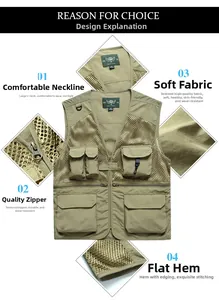 Detail view of khaki mesh fishing vest with multi-pocket utility design and V-neck line