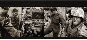 Close-up of vintage military jacket details with heritage soldier and combat helmet imagery