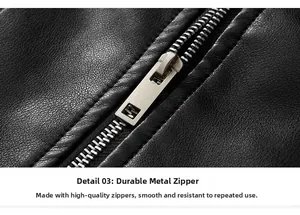 Detailed close-up of premium silver metal zipper on black textured leather jacket