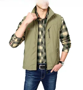 Detail view of military green fishing vest featuring a stand collar and secure zipper pockets