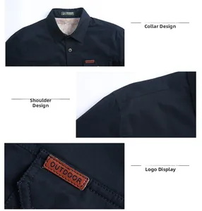 Detail view of navy thermal shirt showing fleece collar, shoulder seams, and outdoor logo