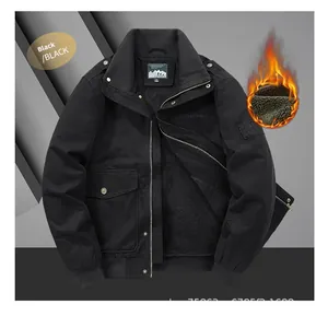 Detail of men's black utility jacket featuring warm fleece lining and embroidered chest logo