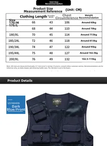 Detailed size chart for men's outdoor utility vest with mesh pockets and measurements