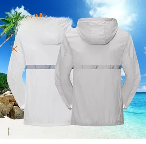 Detail of white hooded sun protection jacket with reflective strip on the back