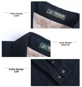Detail of navy blue fleece lined shirt with khaki sherpa collar and outdoor label