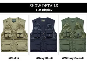 Detail showing multi-pocket mesh fishing vest in khaki, navy blue, and army green colors