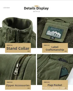 Detail view of army green cargo jacket with warm fleece lining and sturdy metal zipper