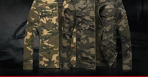 Detail of military camo jackets featuring airborne embroidery and cargo pockets