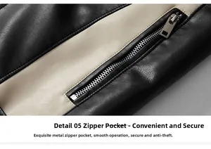 Macro detail of high-quality lychee textured leather jacket with smooth metal zipper pocket