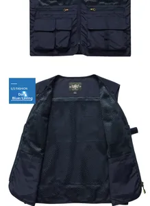 Detail of multi-pocket navy utility vest with breathable mesh lining for outdoors
