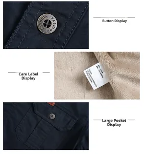 Close-up of men's fleece-lined shirt featuring metal buttons and a functional utility pocket