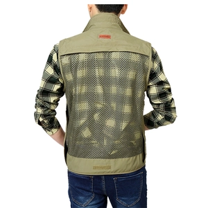 Rear view of khaki fishing vest featuring large breathable mesh panel and leisure tag