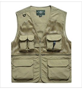 Detail of khaki green fishing vest showing multi-pocket design and breathable mesh fabric