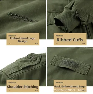 Detail view of army green jacket showing embroidered patches and ribbed cuffs texture
