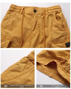 Detail of yellow cargo shorts showing elastic drawstring waist and large side pockets
