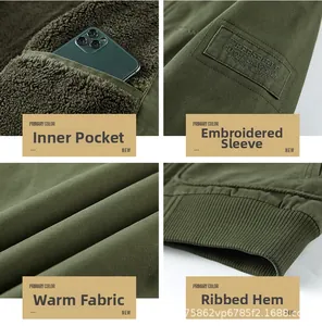 Detail of dark green tactical jacket showing fleece lining and arm embroidery