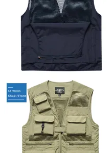 Detail view of khaki and navy tactical fishing vests with multi-pockets and mesh back