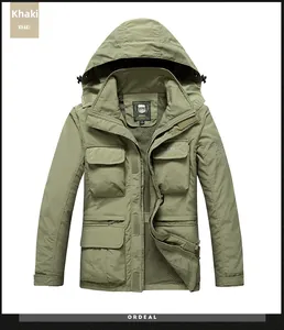 Detail of khaki tactical outdoor jacket with breathable mesh lining and hood