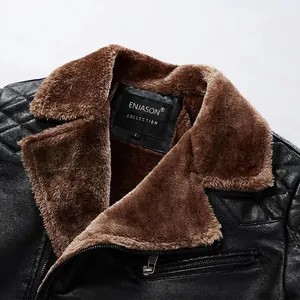 Men's faux leather biker jacket with warm fleece collar and quilted shoulder details