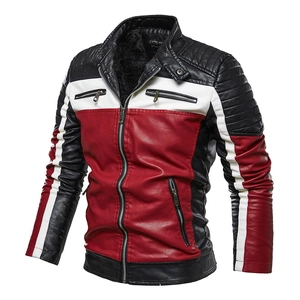 Veste de Moto en Cuir PU pour Homme Doublée Polaire Color Block Col Montant Manteau de Motard Hiver Chaud Mode Britannique