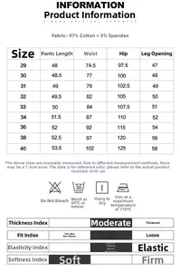 Size chart for men's cargo shorts detailing cotton blend fabric and measurements