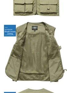 Detail of outdoor tactical cargo vest featuring multiple pockets and breathable mesh lining