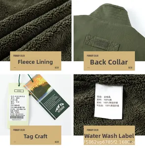 Detail view of military green jacket showing soft fleece lining and 100% cotton fabric