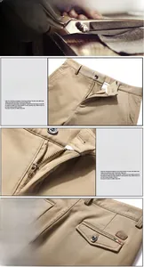 Detailed close-up of khaki cotton trousers featuring waist buttons and a leather logo patch