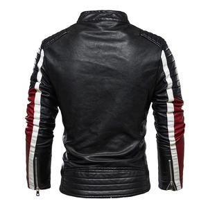 Veste de moto noire pour homme en similicuir avec rayures rouges et blanches sur les manches