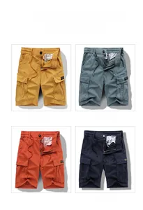 Mens cargo shorts in khaki, grey, orange, and navy with elastic drawstring waistbands